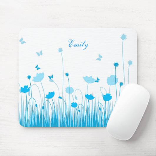 Minimalistische naam Blue and White Poppies Meadow Muismat (Met muis)