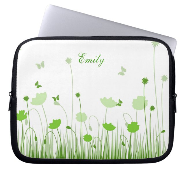 Minimalistische naam Green and White Poppies Meado Laptop Sleeve (Voorkant)