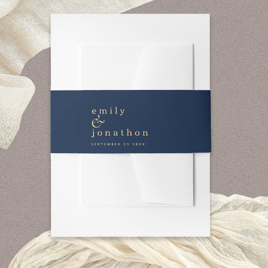 Minimalistische namen Datum Navy Gold Bruiloft Uitnodigingen Wikkel