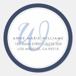 Minimalistische Navy Blau Monogram Terug Adres Ronde Sticker