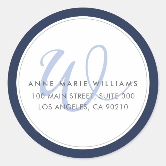 Minimalistische Navy Blau Monogram Terug Adres Ronde Sticker (Voorkant)