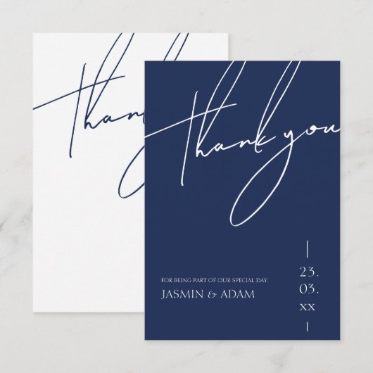Minimalistische Navy Blau Schrift Typografie Trouw Bedankkaart (Voorkant / Achterkant)