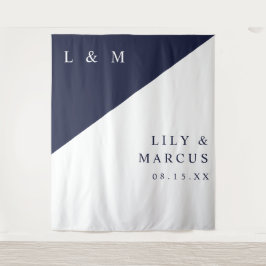 Minimalistische Navy Blau Witte Trouwfoto Achtergr Wandkleed