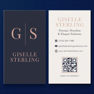 Minimalistische Navy Blauwe en Roze Gouden QR-code Visitekaartje
