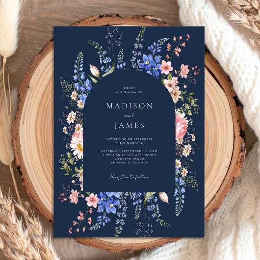 Minimalistische Navy Blue Boho Wildflower Wedding Kaart