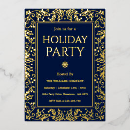 Minimalistische Navy Blue & Gouden Kerstborrel Folie Uitnodiging