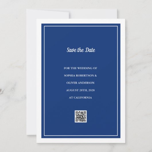 Minimalistische Navy Blue QR Code Save the Date Ka (Voorkant)