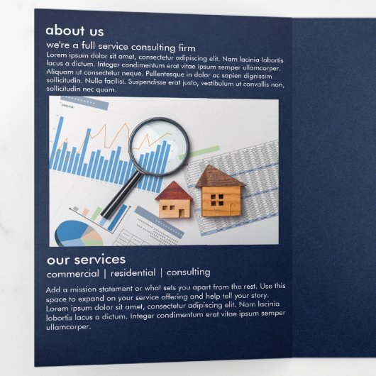 Minimalistische Navy Blue Real Estate Fold Kaart (Binnenzijde eerst)