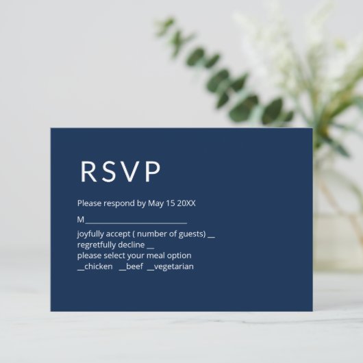 Minimalistische Navy Blue RSVP Kaart (Staand voorkant)