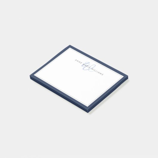 Minimalistische Navy Blue Script Twee Rand Monogra Post-it® Notes (Schuin)