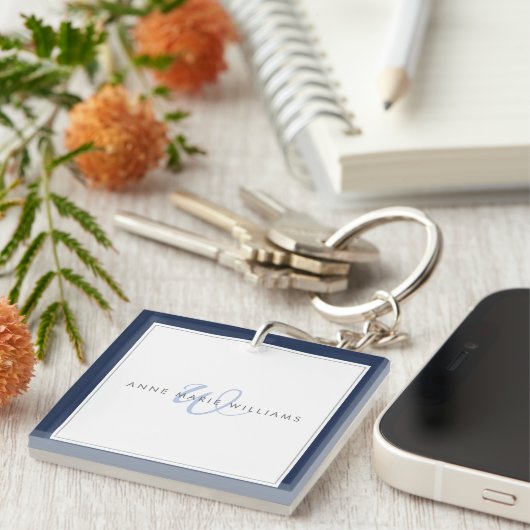 Minimalistische Navy Blue Script Tweegrens Monogra Sleutelhanger (Voorkant Rechts)