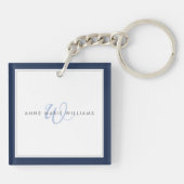 Minimalistische Navy Blue Script Tweegrens Monogra Sleutelhanger (Achterkant)