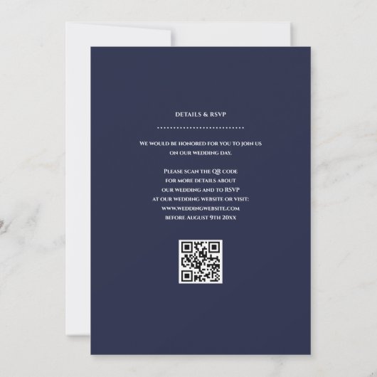 Minimalistische Navy Blue Trouwdatum QR-code Kaart (Achterkant)