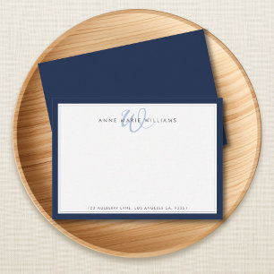 Minimalistische Navy Blue Twee Rand Monogram Notitiekaartje