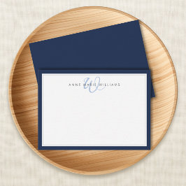 Minimalistische Navy Blue Twee Rand Monogram Notitiekaartje