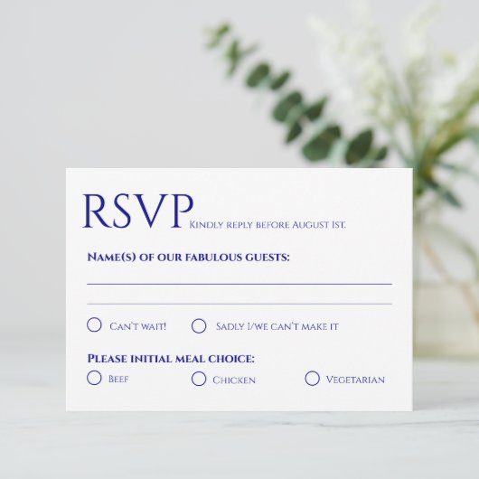 Minimalistische Navy Blue Wedding Response Kaart (Staand voorkant)