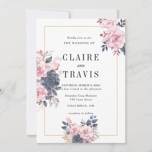 Minimalistische Navy en Blush Bloemen Huwelijksuit Kaart (Voorkant)