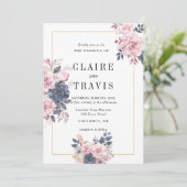 Minimalistische Navy en Blush Bloemen Huwelijksuit Kaart (Staand voorkant)