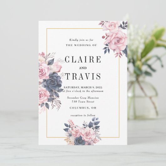 Minimalistische Navy en Blush Bloemen Huwelijksuit Kaart (Staand voorkant)