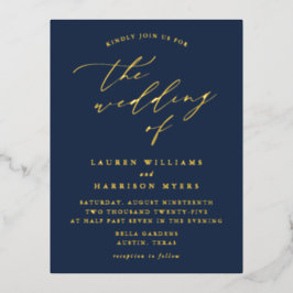 Minimalistische Navy en Goud Calligrafie Bruiloft Folie Uitnodiging Briefkaart