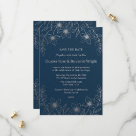 Minimalistische Navy en Zilveren Bloemige Save the Date