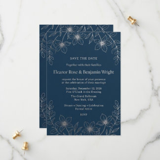 Minimalistische Navy en Zilveren Bloemige Save the Date