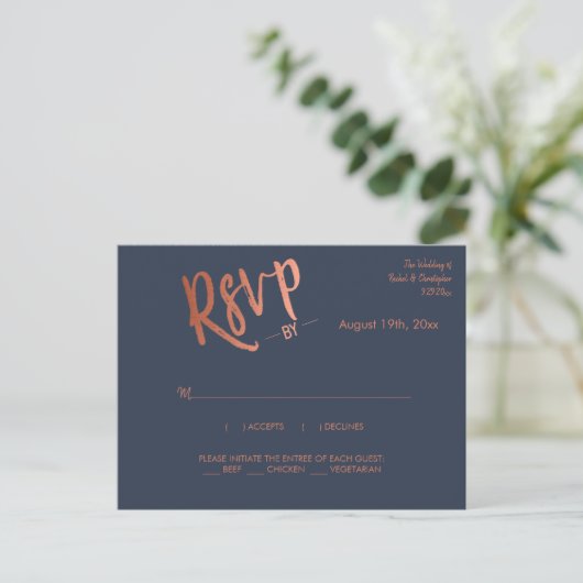 Minimalistische Navy Roos Gold Calligrafie Reactie Briefkaart (Staand voorkant)