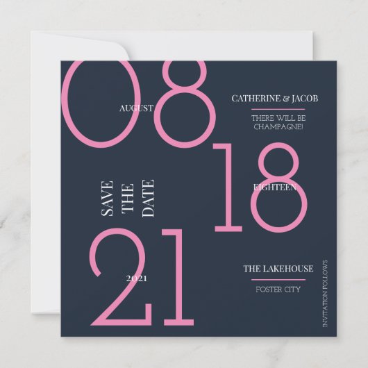 Minimalistische Navy Roze Trouw Wit Bericht Save The Date (Voorkant)