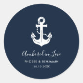 Minimalistische Navy & Witte Aangepaste Naam Anker Ronde Sticker (Voorkant)