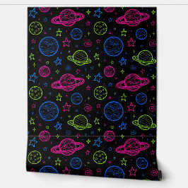 Minimalistische Neon Ruimte & Planeten Nachtelijke Behang
