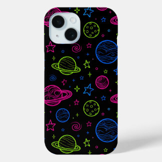 Minimalistische Neon Ruimte & Planeten Nachtelijke iPhone 15 Case