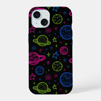 Minimalistische Neon Ruimte & Planeten Nachtelijke iPhone 15 Case