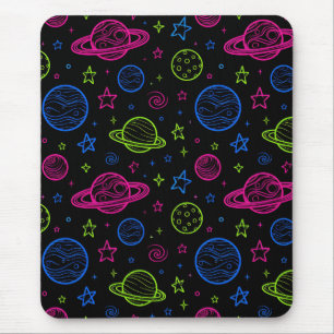 Minimalistische Neon Ruimte & Planeten Nachtelijke Muismat