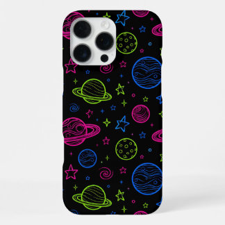 Minimalistische neonruimte- en planetenpatroon voo iPhone 16 pro max hoesje