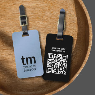 Minimalistische nep-metal blauw-zwarte monogram QR Bagagelabel