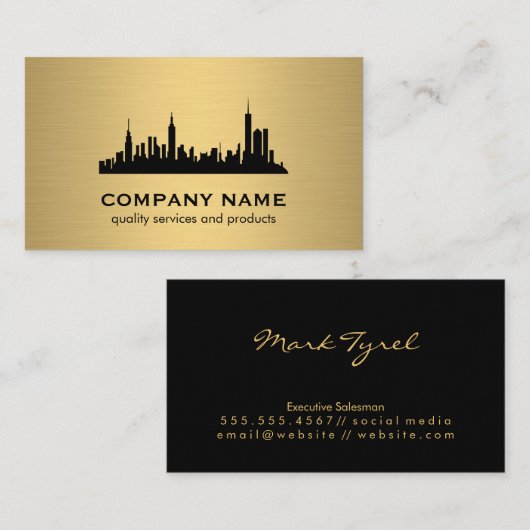 Minimalistische nepgouden metalen skyline visitekaartje (Voorkant / Achterkant)