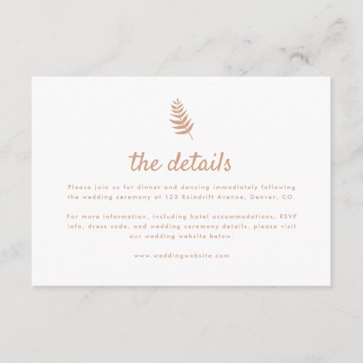 Minimalistische Neutral Palm Leaf Wedding Details Informatiekaartje (Voorkant)