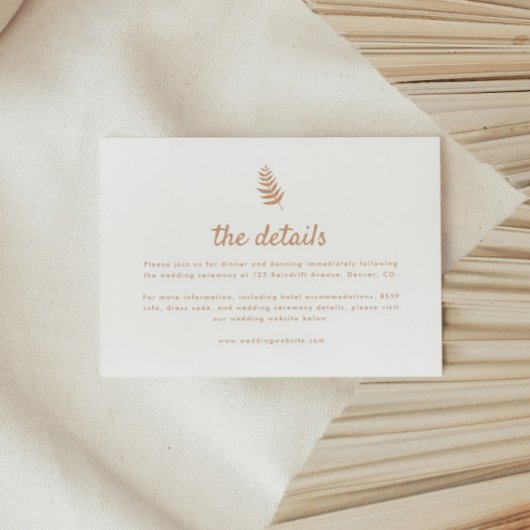 Minimalistische Neutral Palm Leaf Wedding Details Informatiekaartje