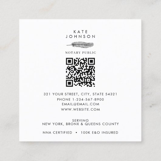 Minimalistische Notaris Ondertekenaar Feather Quil Vierkante Visitekaartje (Achterkant)