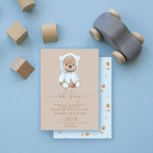 Minimalistische Oh Boy Stofblauwe Beer Baby Shower Kaart