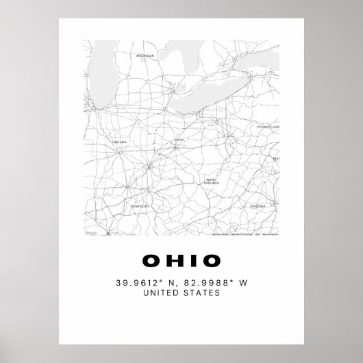 Minimalistische Ohio Kaart Kunst - Zwart en Wit Poster (Voorkant)