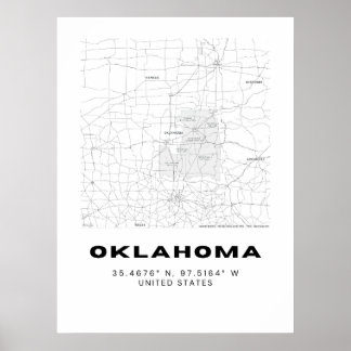 Minimalistische Oklahoma Kaart Kunst - Zwart en Wi Poster