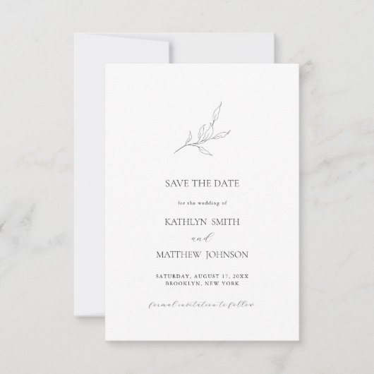 Minimalistische Olijfblad Tak Tuin Bruiloft Save The Date (Voorkant)