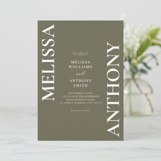 Minimalistische olijfgroen moderne bruiloft kaart (Staand voorkant)