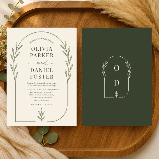 Minimalistische olijfgroene boho-boog bruiloft kaart
