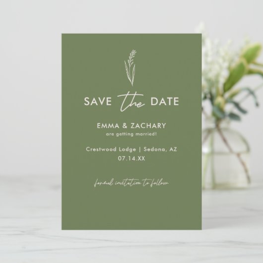 Minimalistische olijfgroene bruiloft save the date (Staand voorkant)