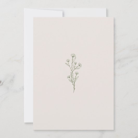Minimalistische olijfgroene bruiloft save the date (Achterkant)