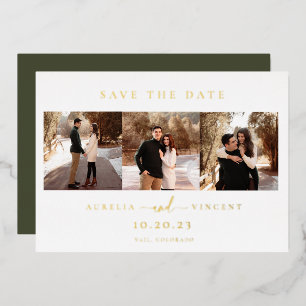 Minimalistische olijfgroene foto save the date folie uitnodiging