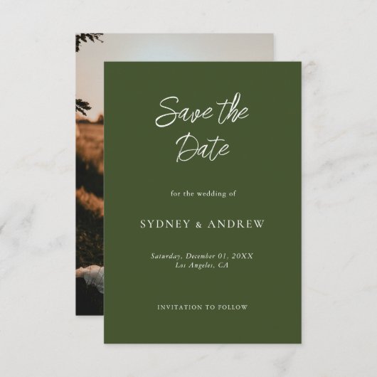 Minimalistische olijfgroene foto Sla de datum Kaar Save The Date (Voorkant / Achterkant)