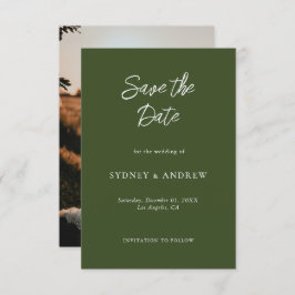 Minimalistische olijfgroene foto Sla de datum Kaar Save The Date